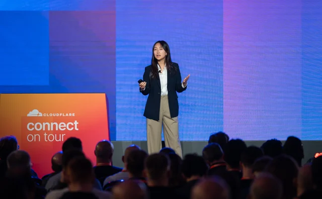 Jin-Hee Lee presenting on the main keynote stage for Cloudflare Connect in London
